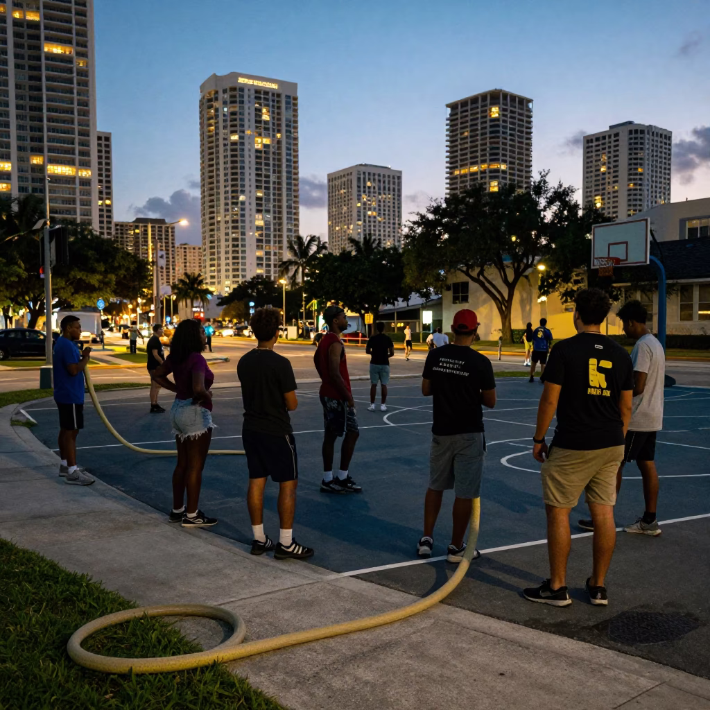Miami Florida street scene at dusk with hose nozzle and basketball in in Miami, Florida, United States