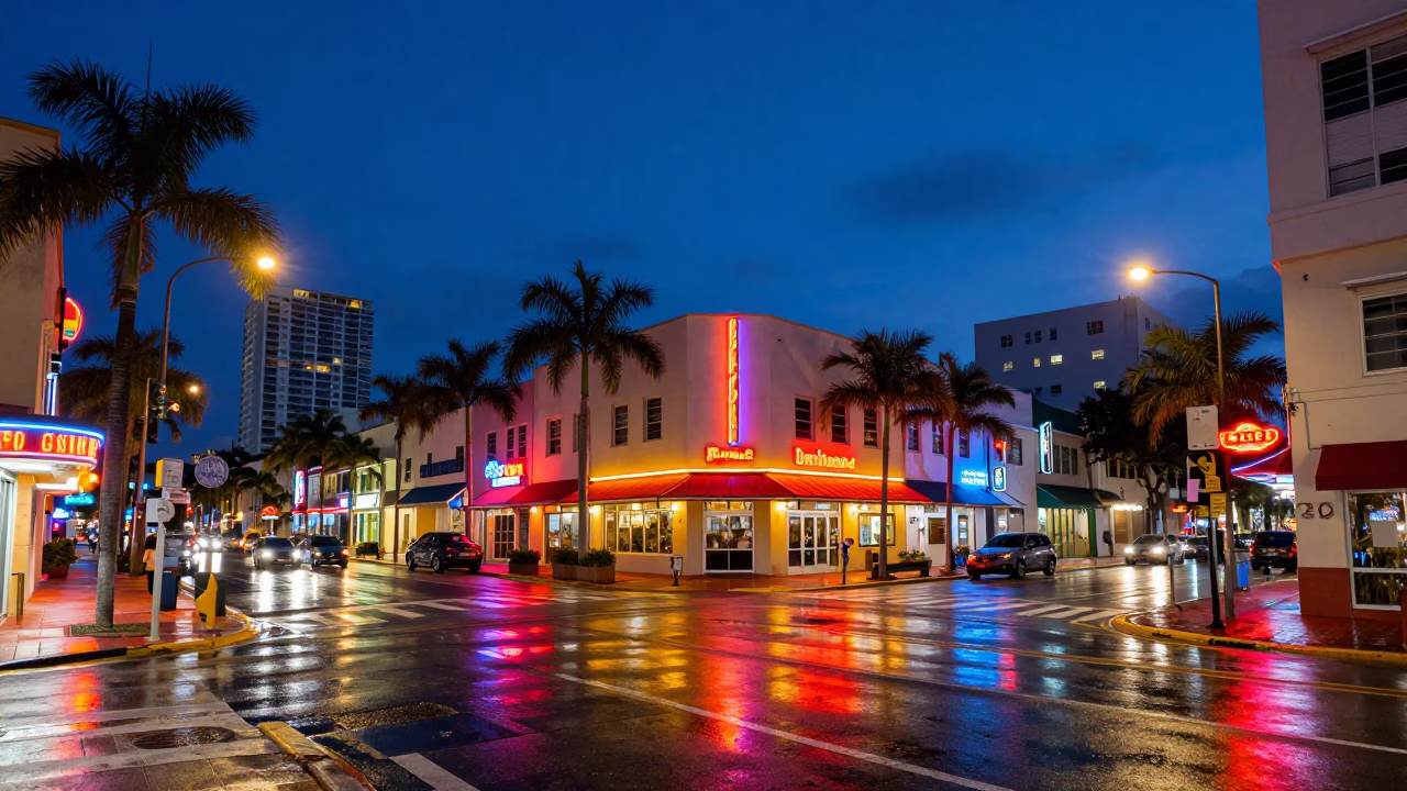 Miami Florida Street Scene at Dusk with Neon Lights and Urban Architecture in in Miami, Florida, United States