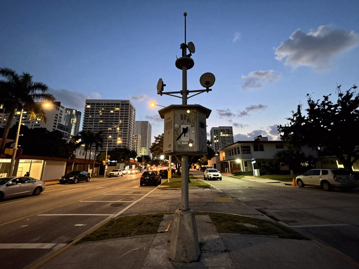 Miami Florida Street Scene at Dusk with Weather Station and Local Life in in Miami, Florida, United States