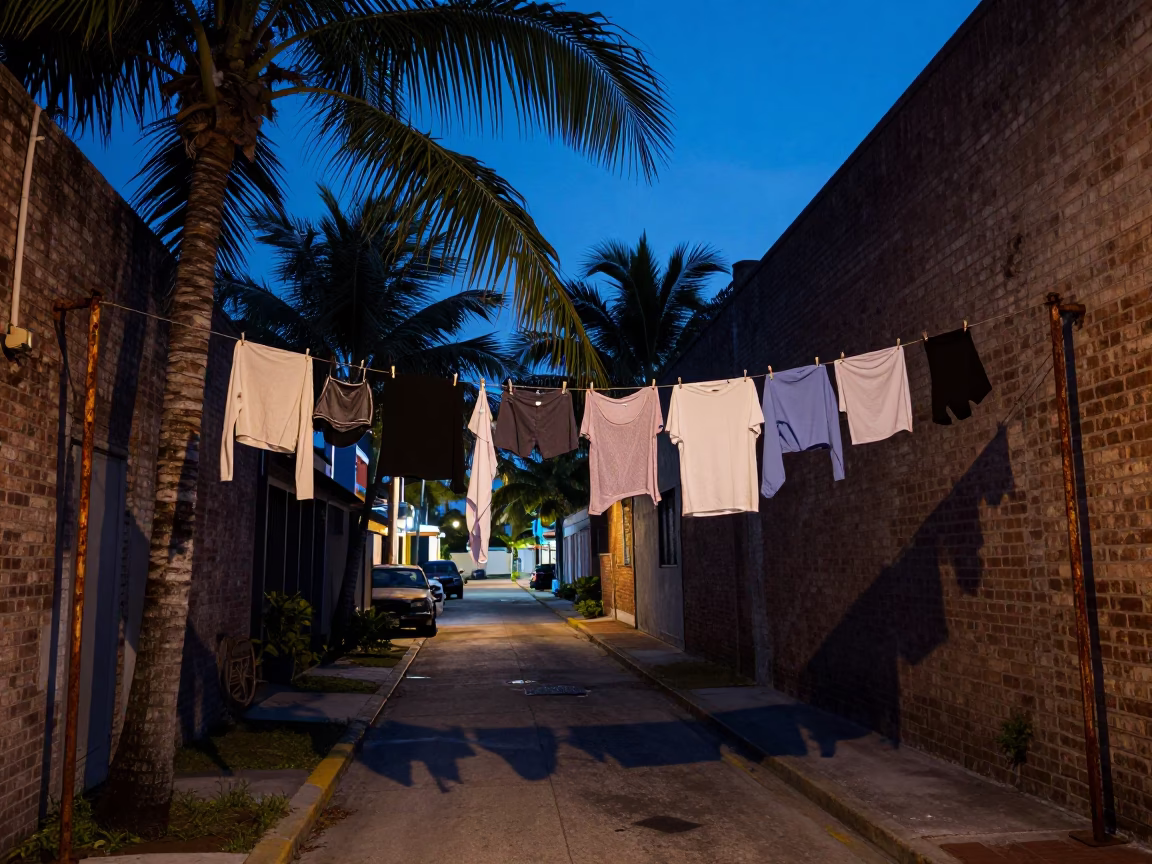 Miami Florida Street Scene at Nautical Dawn with Clothesline and Espresso Cup in in Miami, Florida, United States