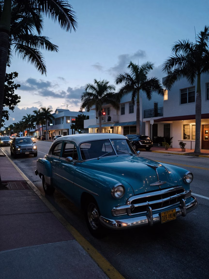 Miami Florida Street Scene Before Dawn with Vintage Car and Colored Glass Bottle in in Miami, Florida, United States