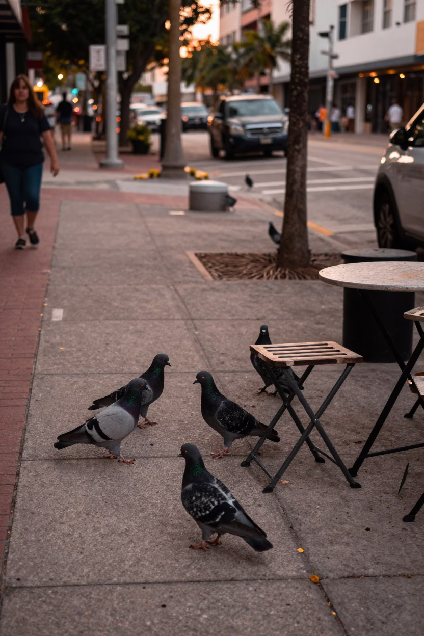 Miami Florida Street Scene with Pigeons and Folding Stools in Copper Dusk Light in in Miami, Florida, United States