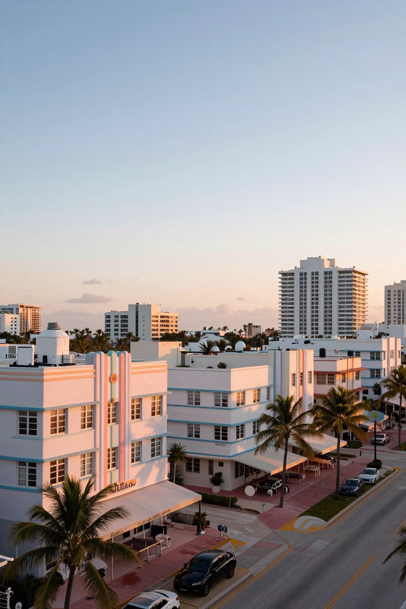 Miami Florida Sunrise 1950s Ocean Drive Art Deco Architecture and Vintage Automobiles in in Miami, Florida, United States