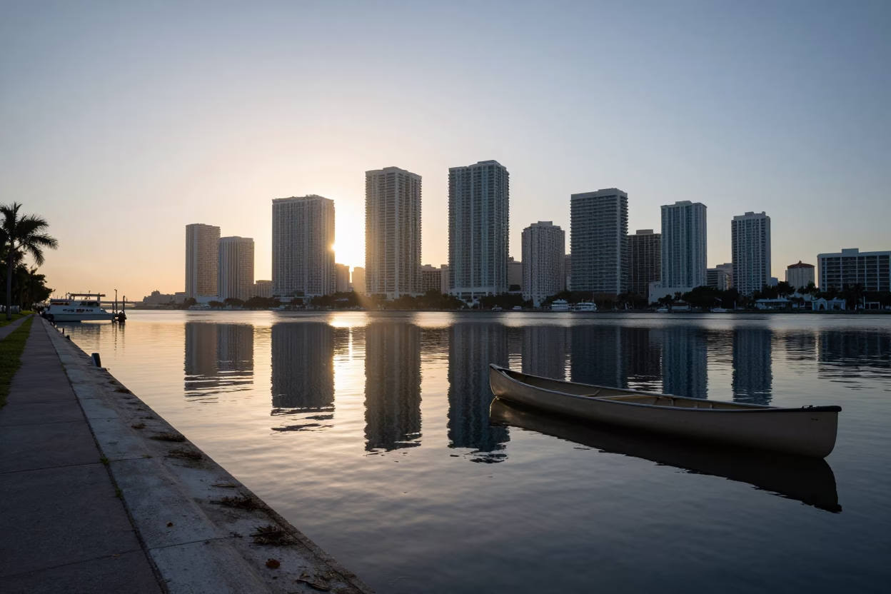 Miami Florida Sunrise Canoe Reflection on Calm Water First Light Scene in in Miami, Florida, United States