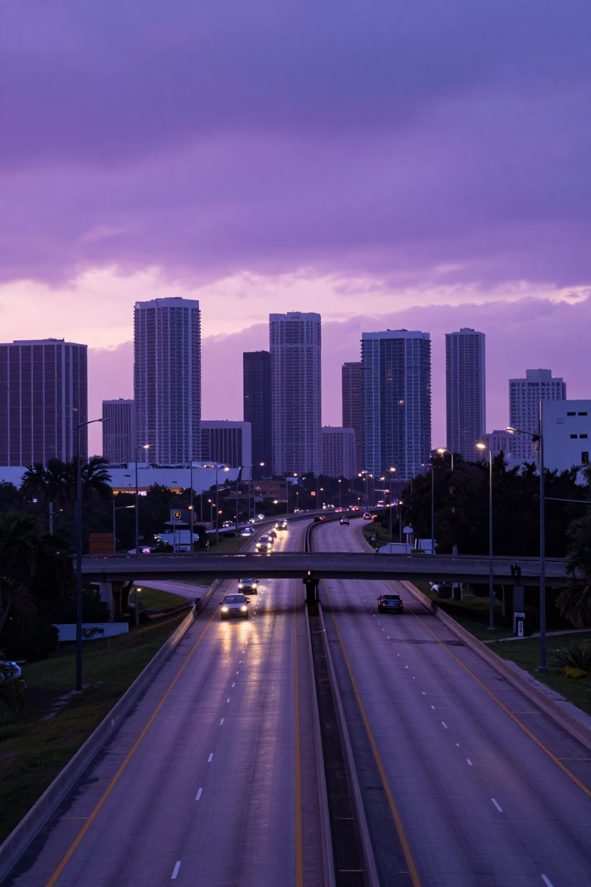 Miami Florida Sunrise Overpass Interchange Ramp Slicing Violet Sky Before Dawn in in Miami, Florida, United States