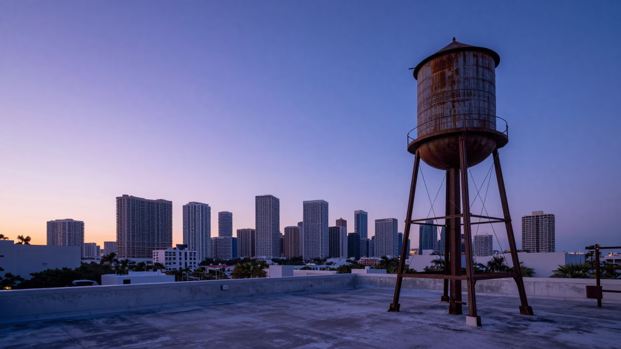 Miami Florida Sunrise Rooftop Water Tower and Urban Skyline Before Dawn in in Miami, Florida, United States