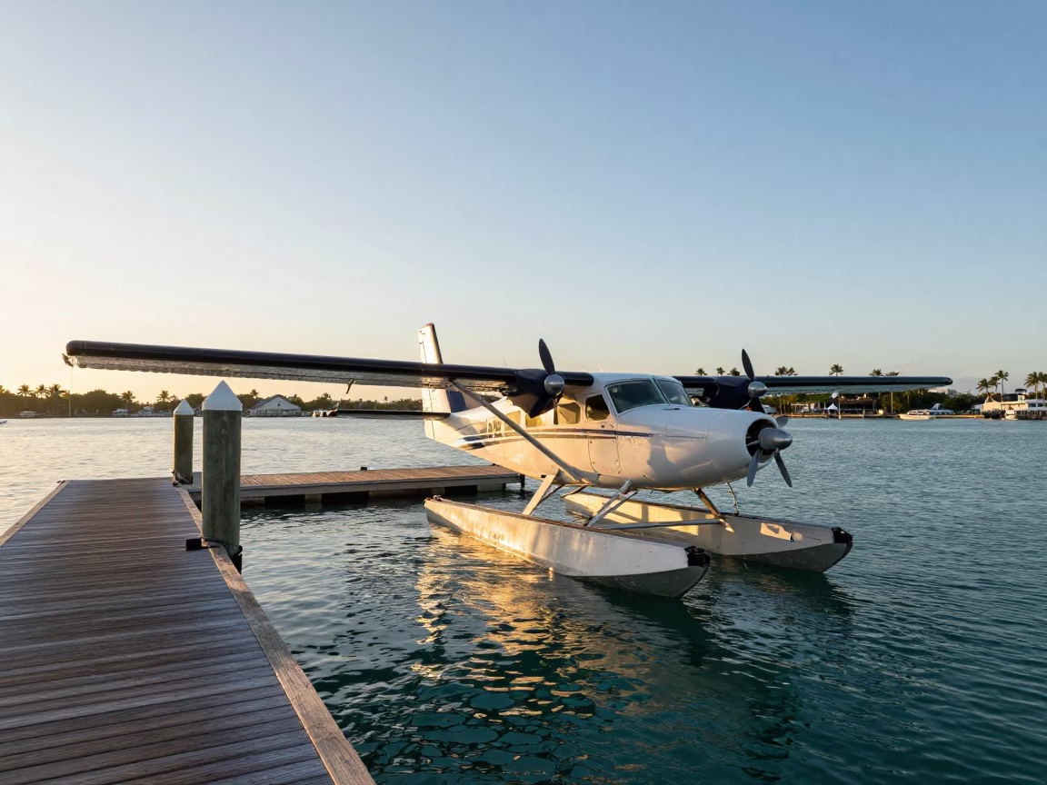 Miami Florida Sunrise Seaplane Docked Tropical Pier Waterfront Scene in in Miami, Florida, United States