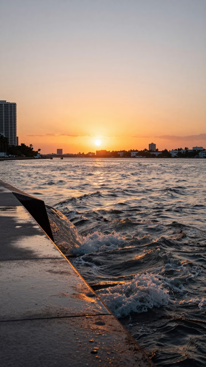 Miami Florida Sunset River Storm Drain Outfall Swollen Water Flowing Horizon in in Miami, Florida, United States