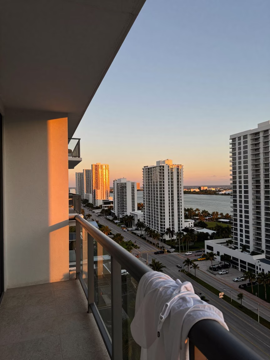 Miami Florida Sunset Skyline View with Balcony Details and Evening Light in in Miami, Florida, United States