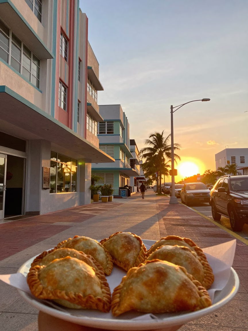 Miami Florida Sunset Street Scene with Golden Empanadas and Local Flavor in in Miami, Florida, United States