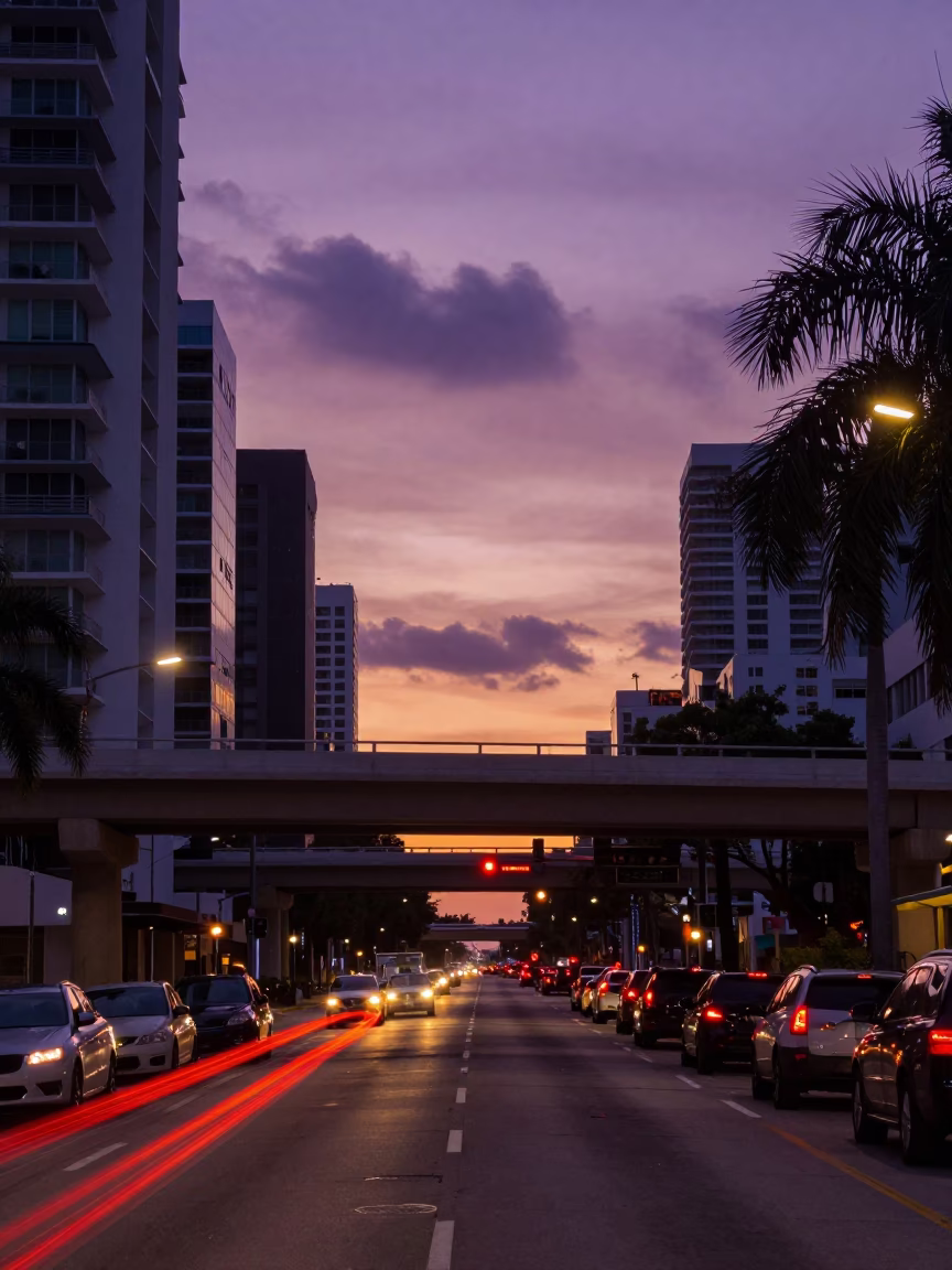 Miami Florida Sunset Street Scene with Overpass Interchange and Taillight Streaks in in Miami, Florida, United States