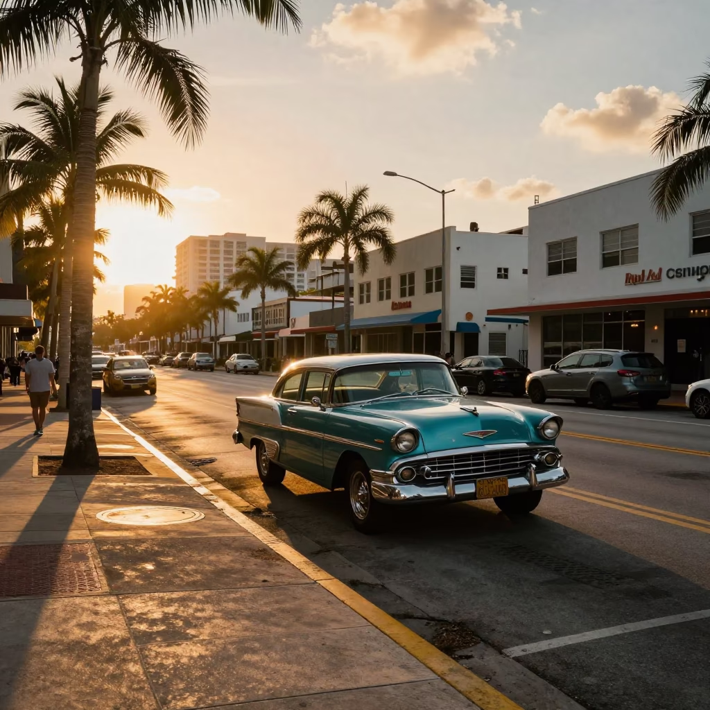 Miami Florida Sunset Street Scene with Vintage Details and Urban Life in in Miami, Florida, United States