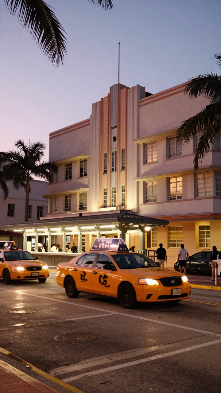 Miami Florida Taxi Rank Outside Train Station Twilight Honeyed Evening Light in in Miami, Florida, United States