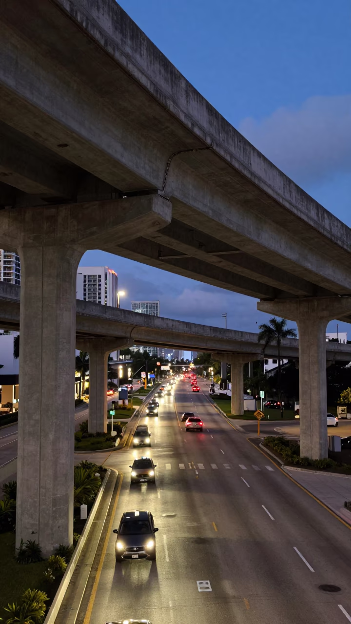 Miami Florida Twilight Overpass Interchange Lane Split Lit by Taillight Streaks in in Miami, Florida, United States