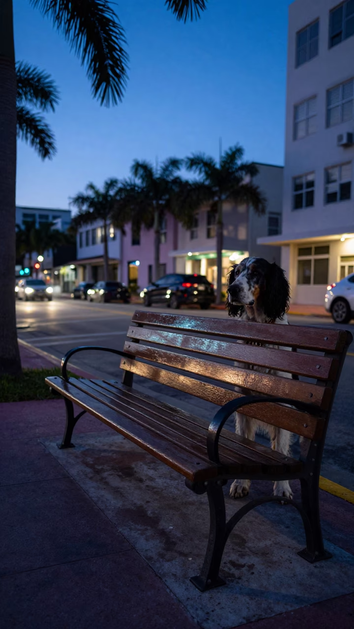 Miami Florida Twilight Street Scene with Grease Sheen on Bench and Gordon Setter in in Miami, Florida, United States