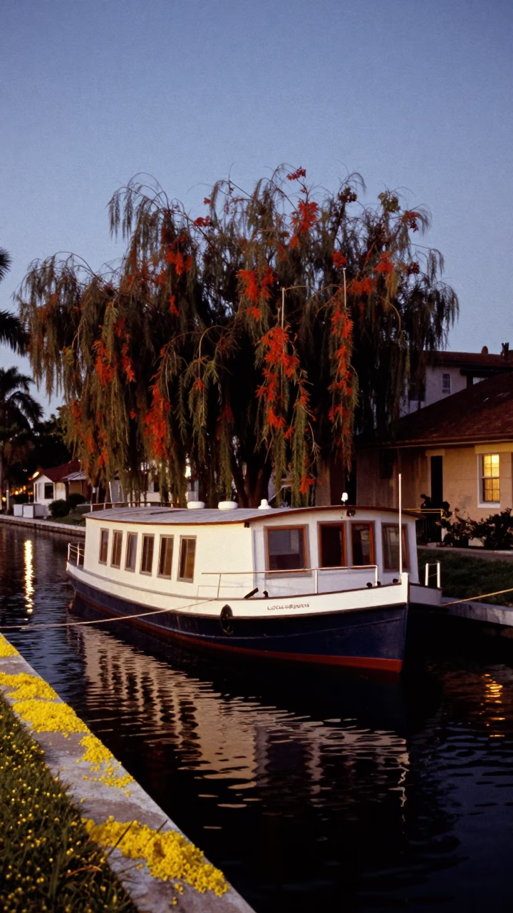 Miami Florida Twilight Street Scene with Houseboat and Pollen in in Miami, Florida, United States