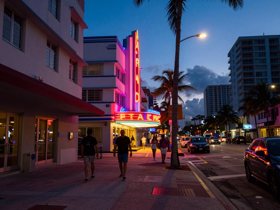 Miami Florida Twilight Street Scene with Neon Lights and Urban Life in in Miami, Florida, United States