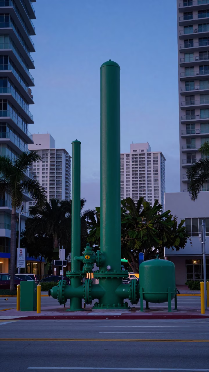 Miami Florida Urban Landscape Before Dawn Light with Sewage Pumping Station Infrastructure in in Miami, Florida, United States