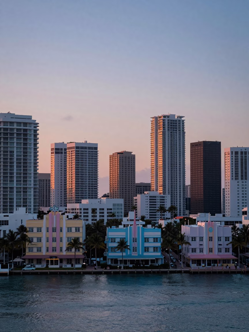 Miami Florida USA pre-dawn skyline horizon shot 1980s art deco architecture cool stillness in in Miami, Florida, United States