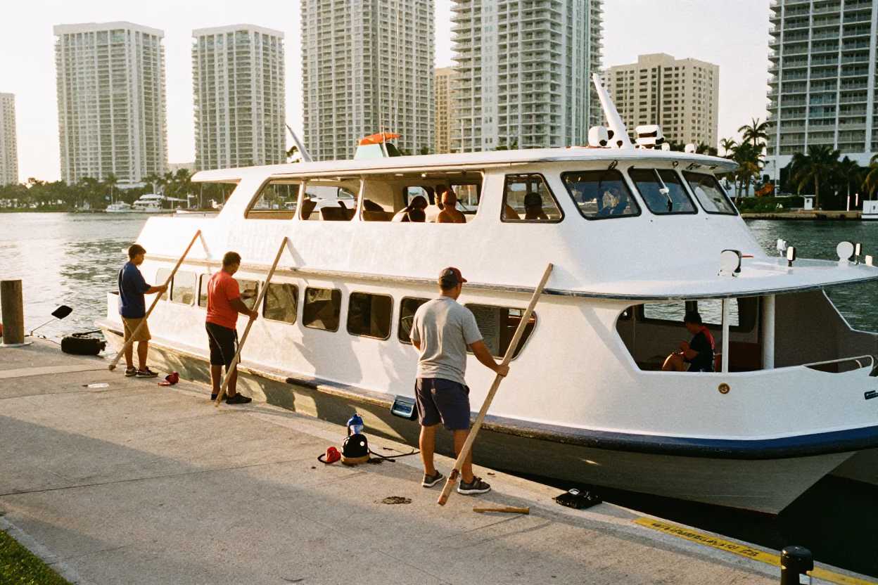 Miami Florida Water Taxi Dock Morning Activity with Workers and Boats in in Miami, Florida, United States