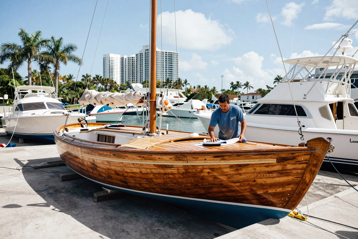 Miami Floridian Street Scene with Wooden Sailboat in Boatyard Under Bright Midmorning Light in in Miami, Florida, United States
