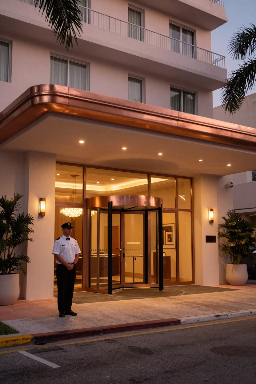 Miami Hotel Entrance at Copper-toned Light Before Dusk in in Miami, Florida, United States
