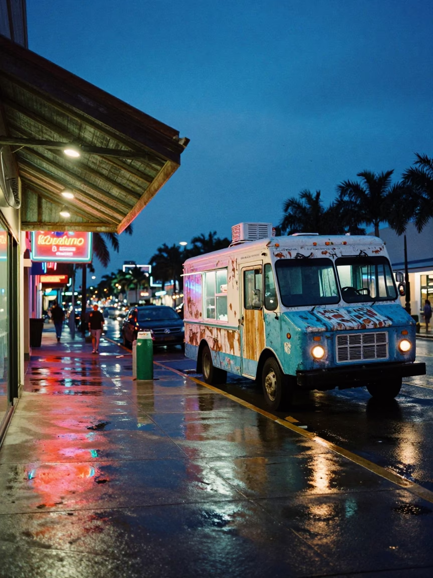 Miami indigo twilight street scene with scuffed painted wood and local interaction in in Miami, Florida, United States