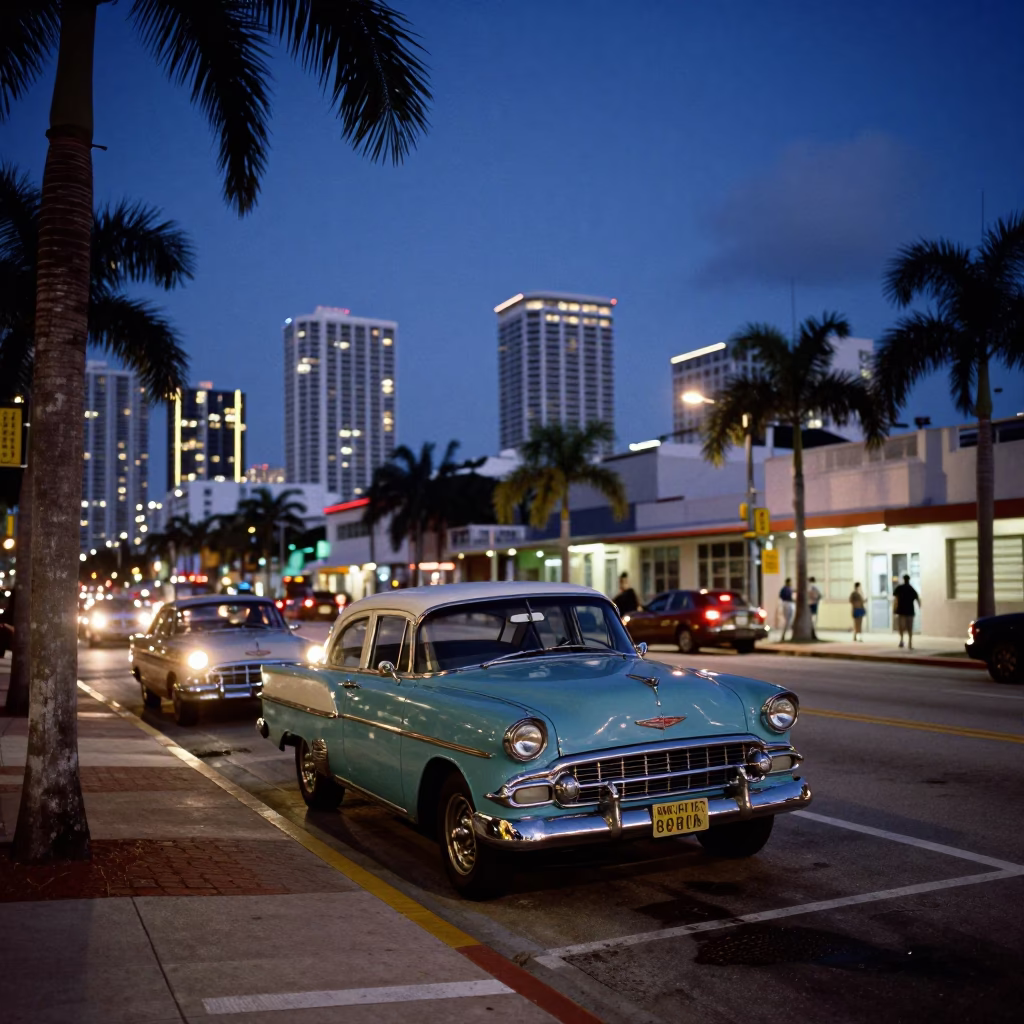Miami Indigo Twilight Street Scene with Vintage Car and Neon Sign in in Miami, Florida, United States
