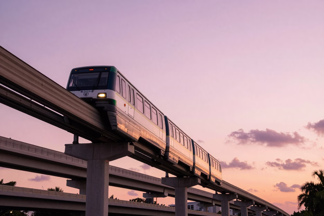 Miami Monorail Gliding Past Highway Flyover During Golden Hour Sunset in in Miami, Florida, United States