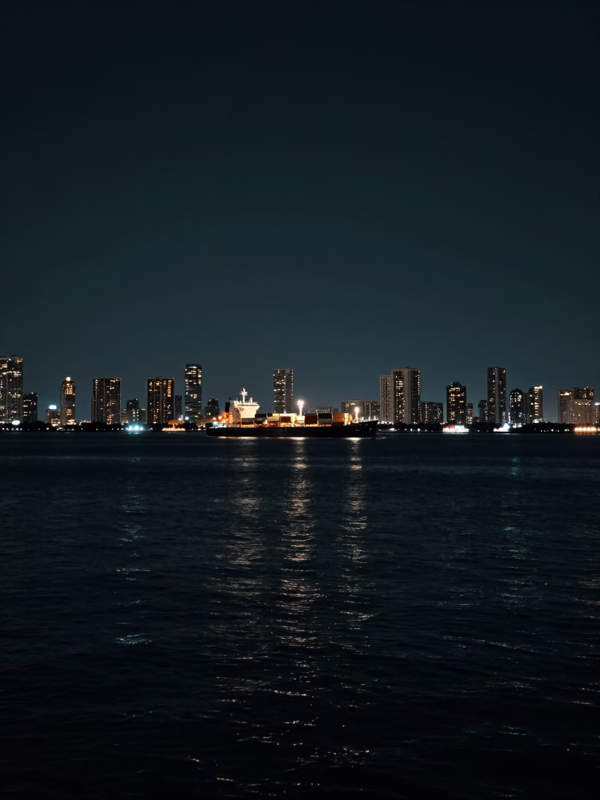 Miami Night Horizon with Distant Pilot Boat Guiding Container Ship into Port in in Miami, Florida, United States