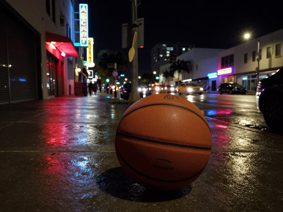 Miami Night Street Scene with Leather Basketball and Utensil Crock in in Miami, Florida, United States