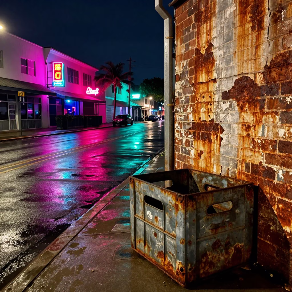 Miami Night Street Scene with Rusty Wall and Crate Under Neon Lights in in Miami, Florida, United States