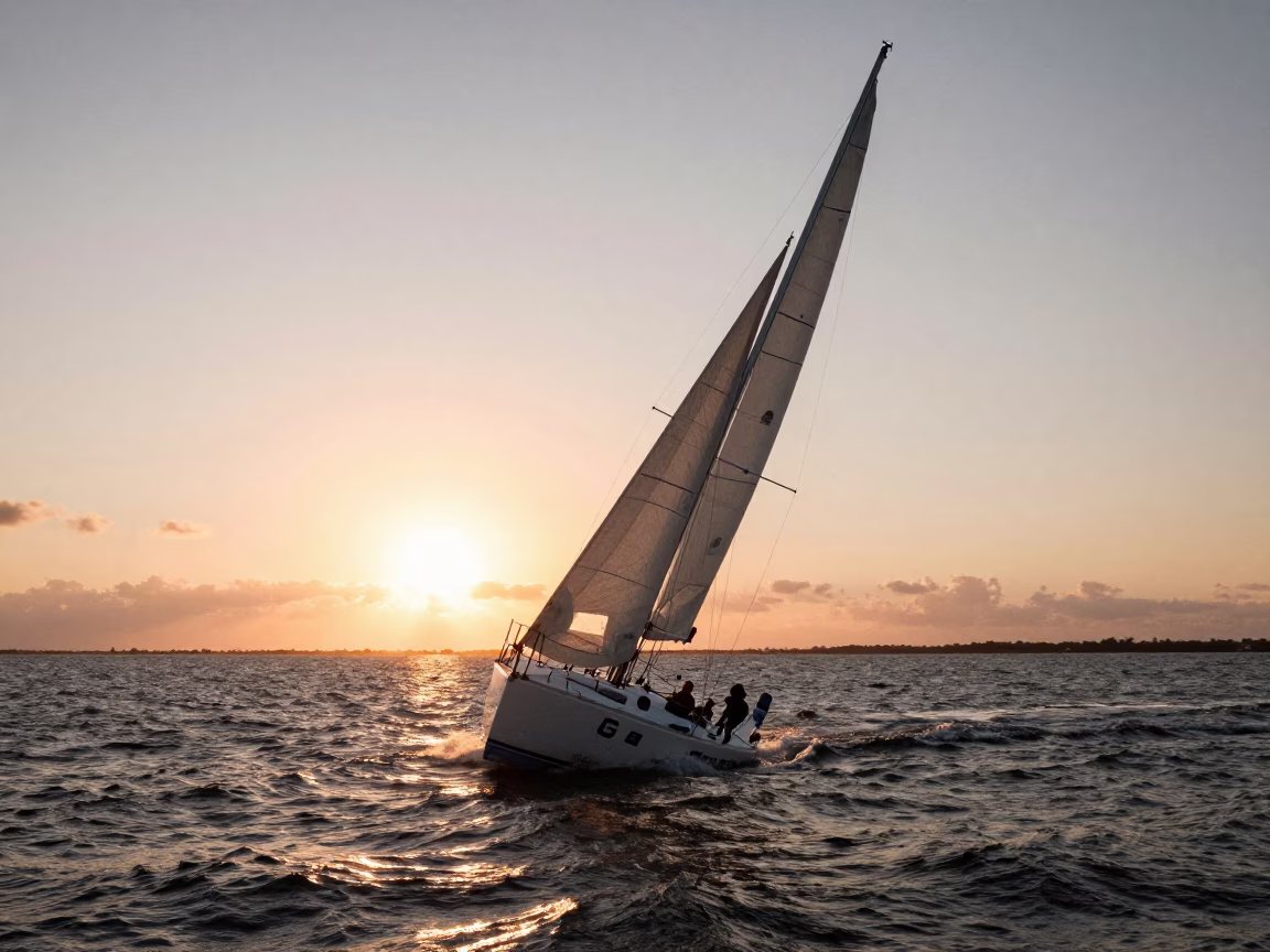 Miami Sailboat Heeled at Sunset Light in in Miami, Florida, United States