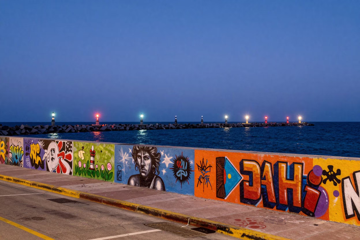 Miami Street Art at Twilight with Coastal Breakwater Beacons in in Miami, Florida, United States