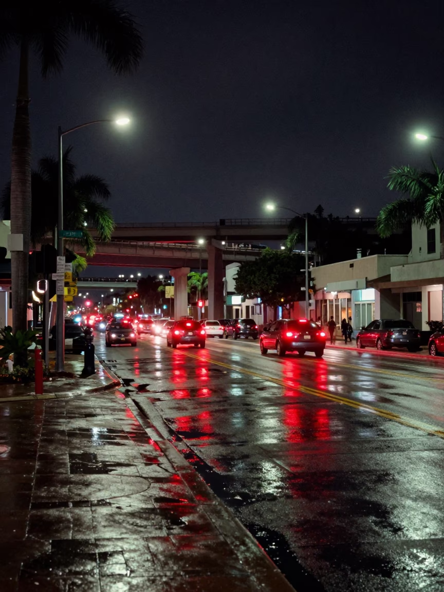 Miami Street Scene at Midnight Light in in Miami, Florida, United States
