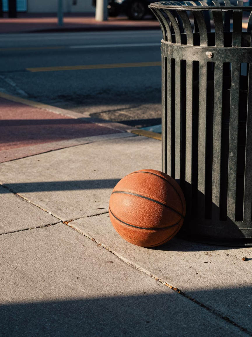 Miami Street Scene Early Afternoon with Leather Basketball and Local Urban Details in in Miami, Florida, United States