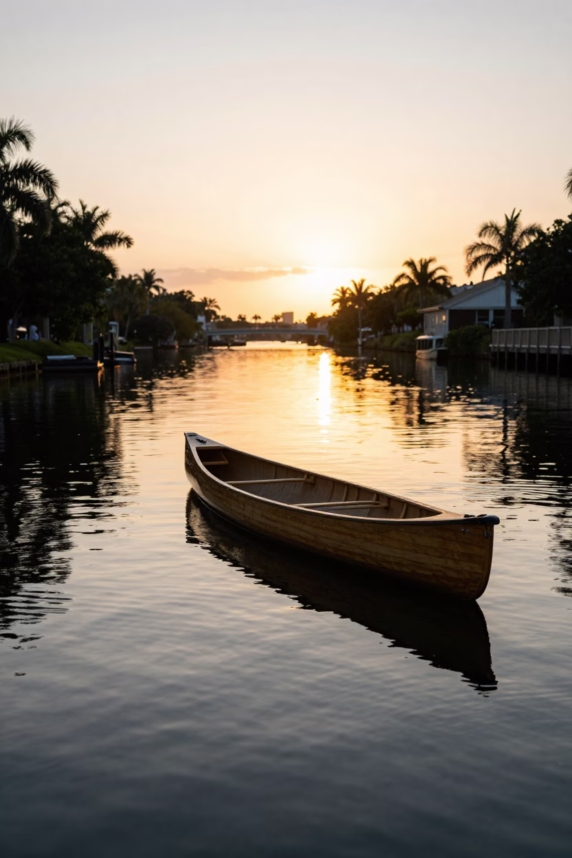 Miami Sunrise Reflections of Canoe in Still Water with Rowing Boat Nearby in in Miami, Florida, United States