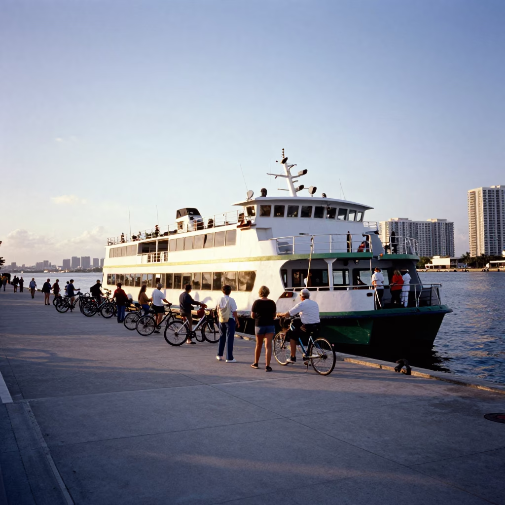 Miami Sunset Ferry Dock with Passengers and Bicycles Loading at Dusk in in Miami, Florida, United States
