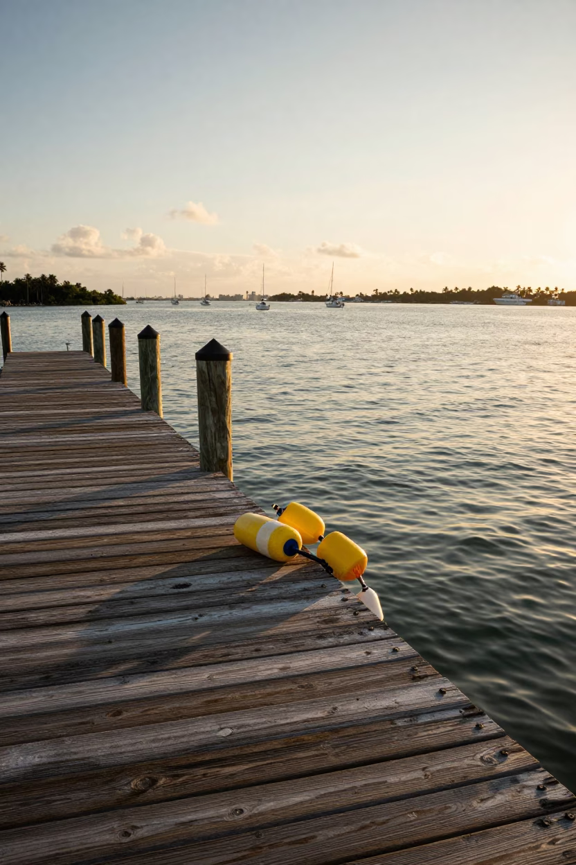 Miami Sunset Fishing Floats on Weathered Dock Near Biscayne Bay in in Miami, Florida, United States