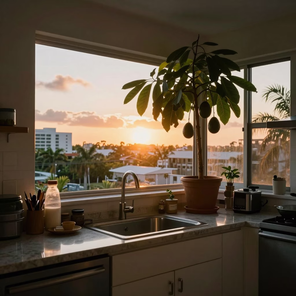 Miami Sunset Kitchen Counter with Avocado Tree and Local Dining Elements in in Miami, Florida, United States