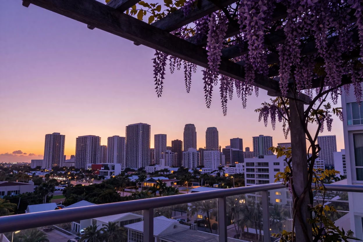 Miami Sunset Skyline View from Balcony with Wisteria Pergola and Tea Towel in in Miami, Florida, United States