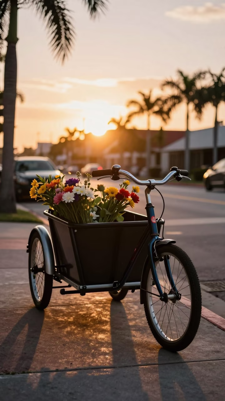 Miami Sunset Street Scene with Cargo Bicycle and Fresh Flowers in Florida in in Miami, Florida, United States