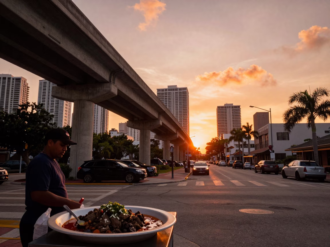 Miami Sunset Street Scene with Concrete Viaduct and Local Dining in in Miami, Florida, United States