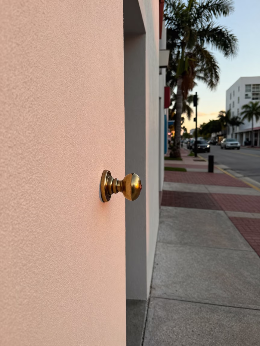 Miami Sunset Street Scene with Doorknob Detail and Local Architecture in in Miami, Florida, United States