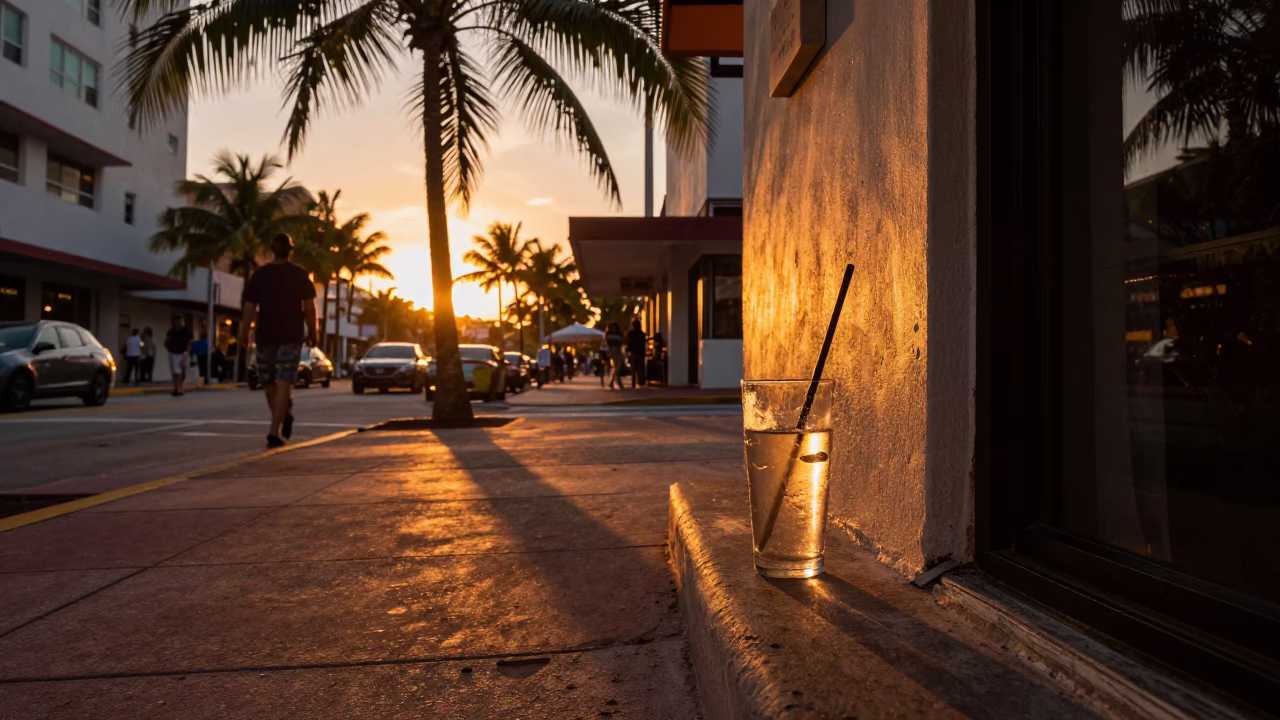 Miami Sunset Street Scene with Glass Tumbler and Tropical Shadows in in Miami, Florida, United States