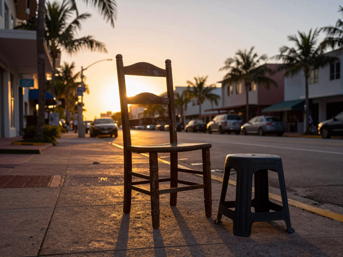 Miami Sunset Street Scene with Ladder-Back Chair and Stool in Florida in in Miami, Florida, United States