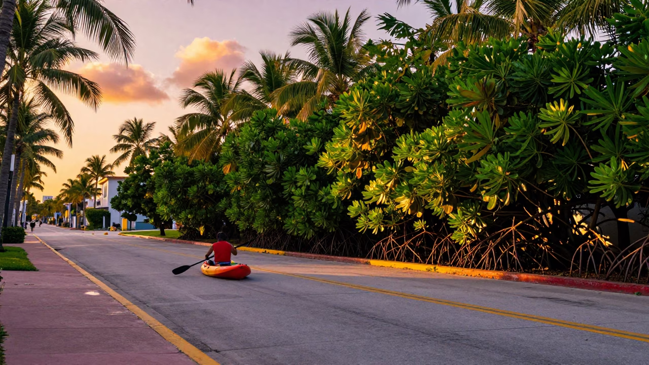 Miami Sunset Street Scene with Mangrove Kayak and Tropical Zinnias in in Miami, Florida, United States