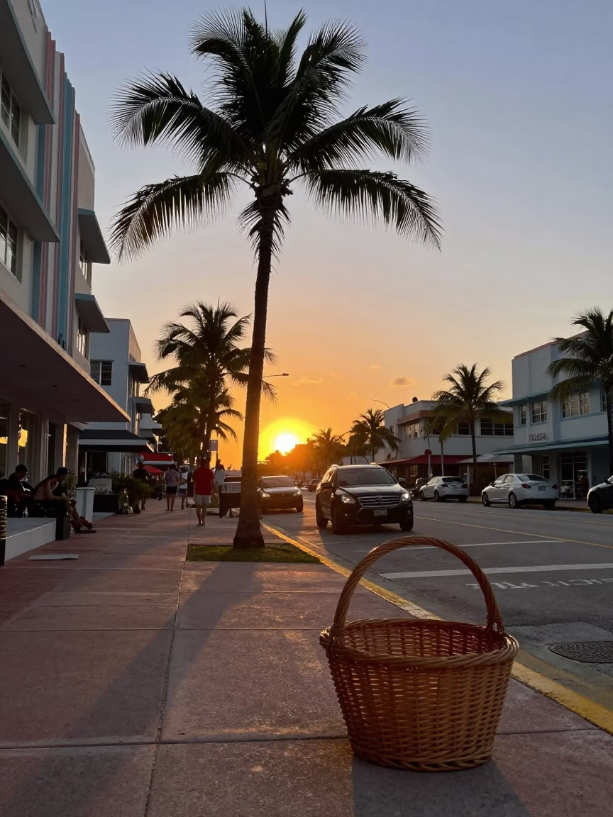 Miami Sunset Street Scene with Wicker Basket and Local Life in in Miami, Florida, United States