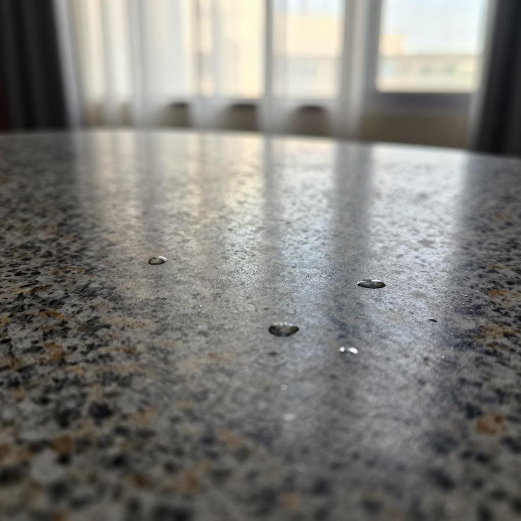 Mica Flakes Glinting in Rain on Metal Surface in across a rain-beaded metal surface near Ottawa