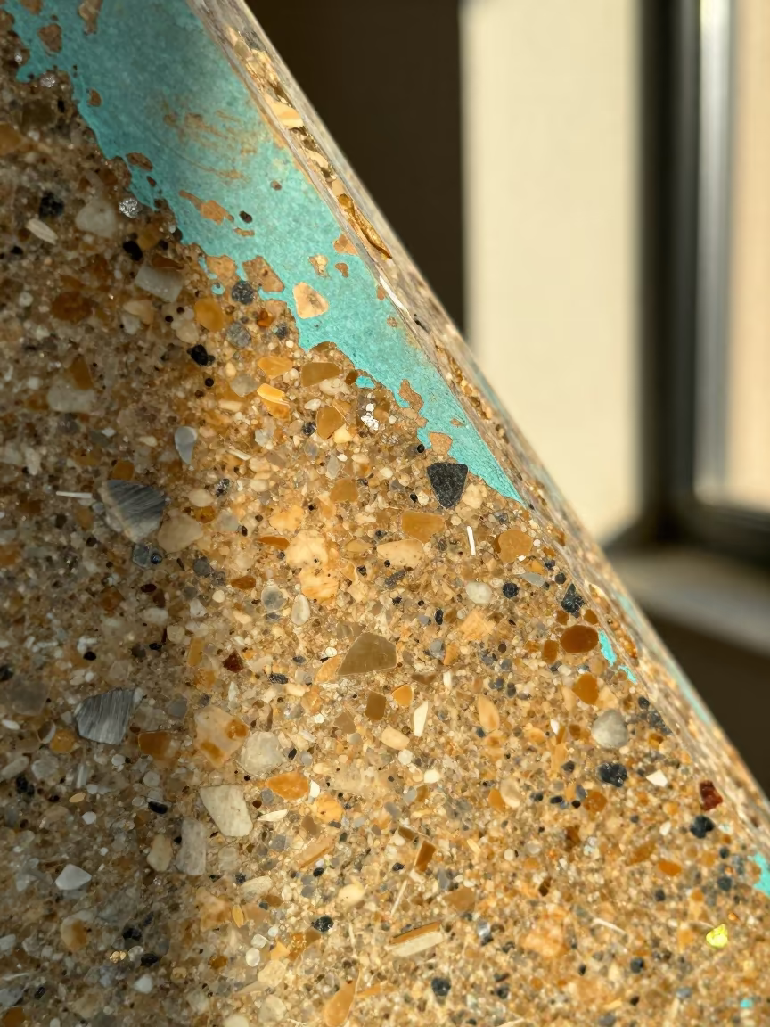 Mica Flakes Glinting in Granite Turquoise Wall in against weathered turquoise paint in New York